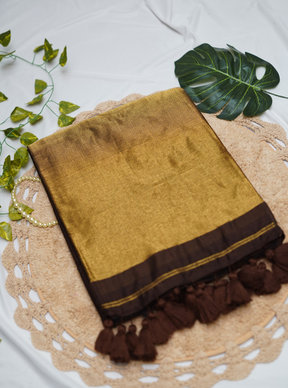 Chocolate Brown Mul Cotton Saree with Rich Gold Pallu & Tassels