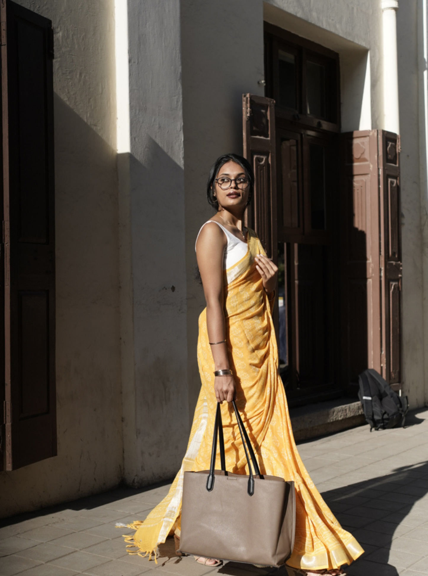 Sunshine Yellow Hand-Printed Linen Cotton Saree with Classic Borders