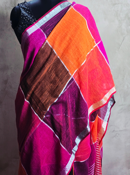 Vibrant Multicolor Linen Cotton Saree with Contemporary Checks