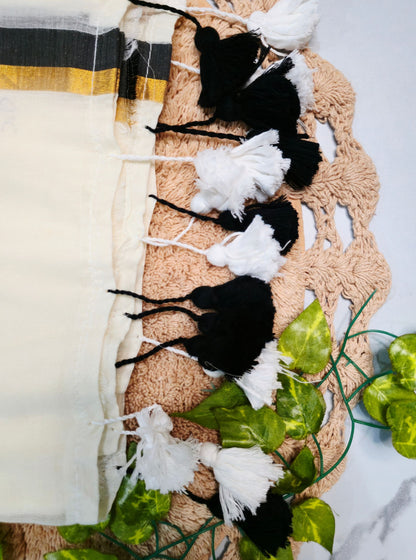 Classic Off-White Mul Cotton Saree with Black & Gold Border and Tassel Pallu