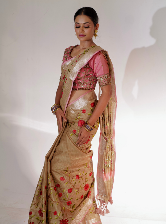 Beige Pink Matka Silk Tissue Saree with Floral Embroidery