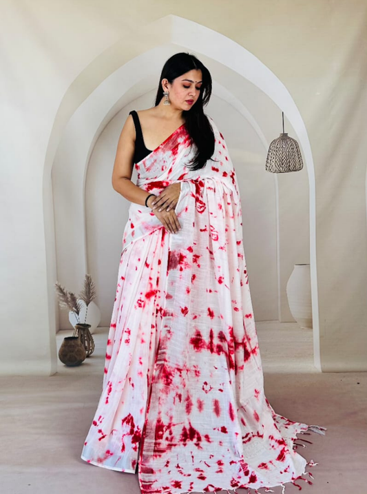 Elegant White & Red Tie-Dye Linen Cotton Saree