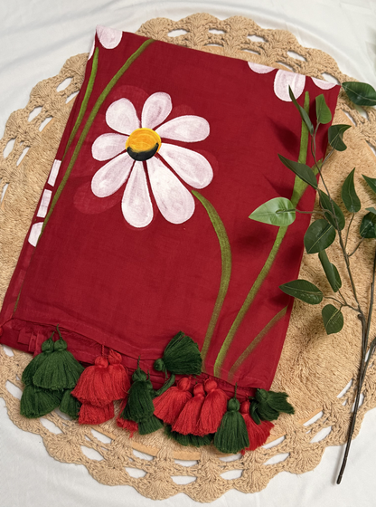 Red Hand-Painted Mul Cotton Saree with Bold Floral Motif & Tassel Pallu