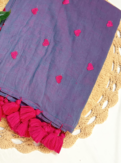 Twilight Purple Mul Cotton Saree with Pink Heart Motifs & Tassels