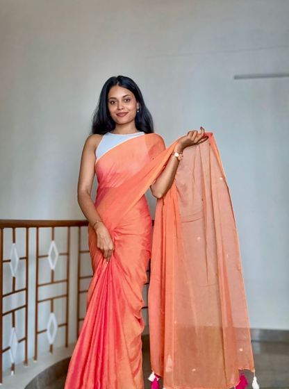 Sunset Coral Mul Cotton Saree with Tassel Pallu