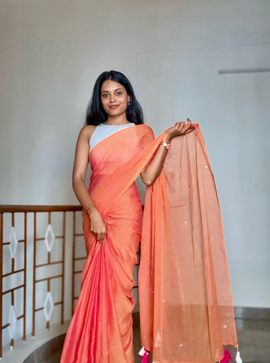 Sunset Coral Mul Cotton Saree with Tassel Pallu