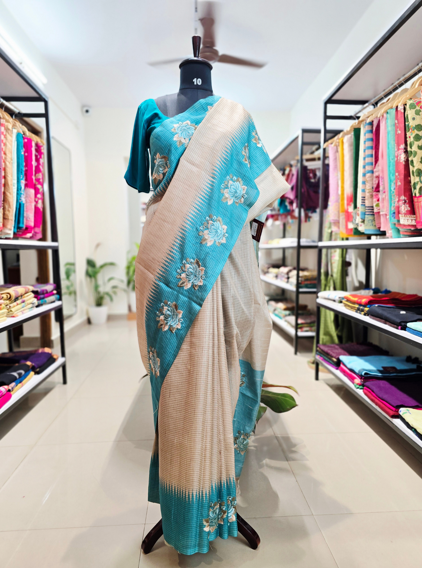 Elegant Beige & Teal Tussar Silk Saree with Floral Embroidery