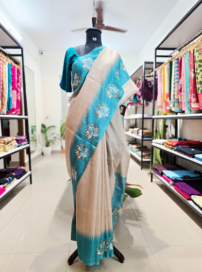 Elegant Beige & Teal Tussar Silk Saree with Floral Embroidery