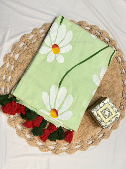 Mint Green Mul Cotton Saree with White Floral Hand-Painted Design