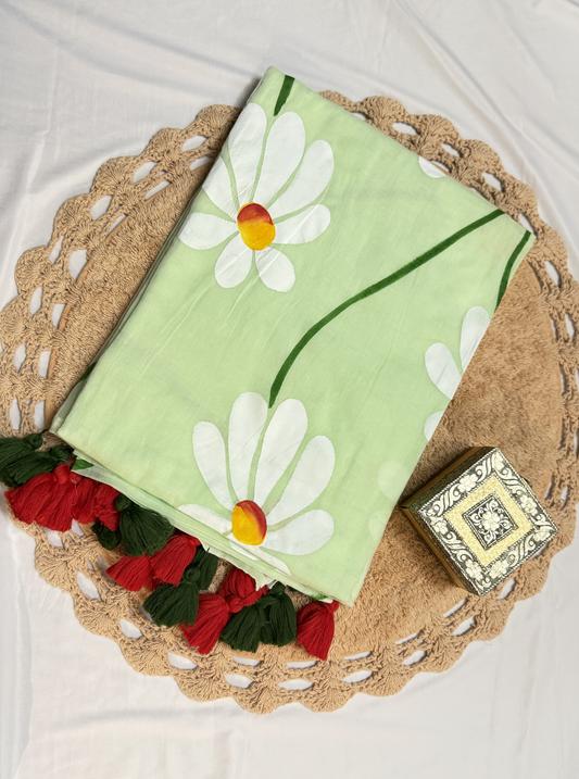Mint Green Mul Cotton Saree with White Floral Hand-Painted Design