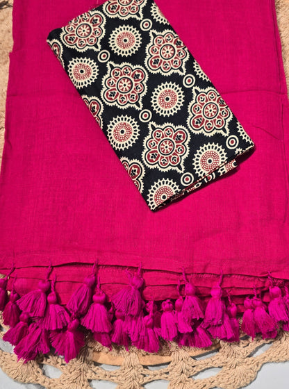 Rani Pink Mul Cotton Saree with Handcrafted Tassels & Ajrakh-Inspired Printed Blouse
