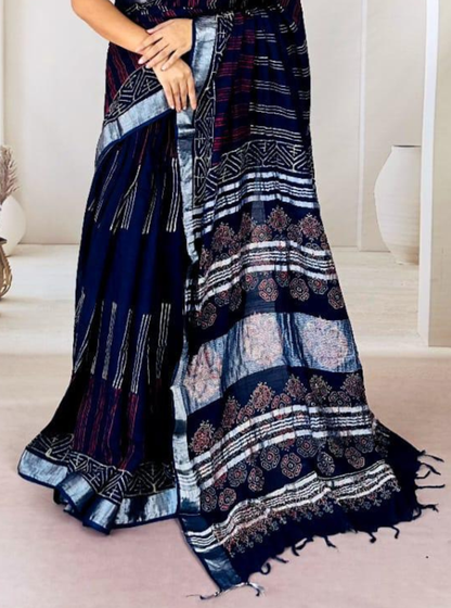 Midnight Indigo Hand-Printed Linen Cotton Saree with Tribal-Inspired Borders
