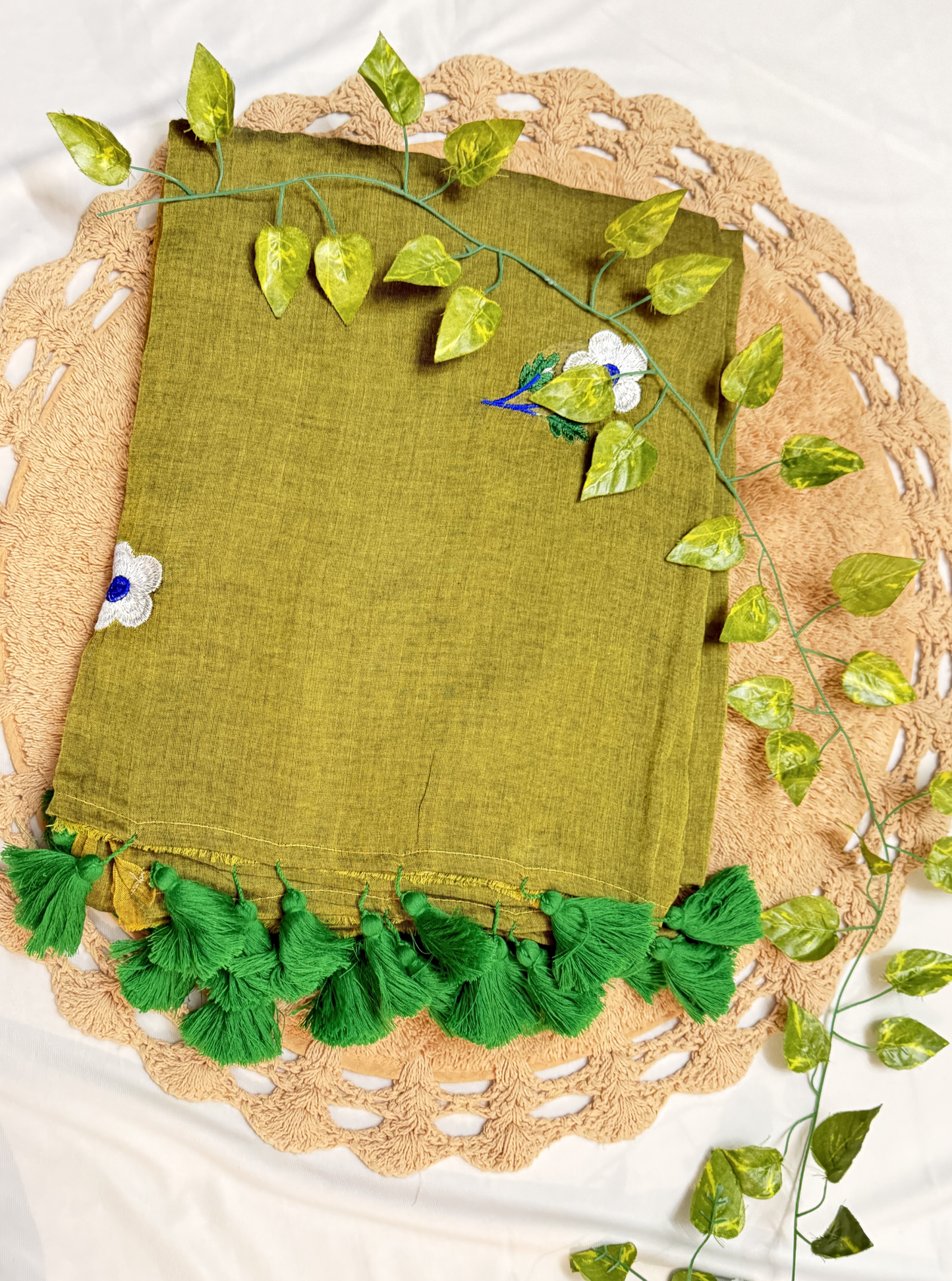 Olive Green Mul Cotton Saree with Floral Embroidery & Tassels