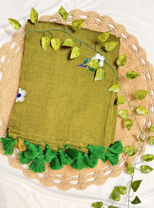 Olive Green Mul Cotton Saree with Floral Embroidery & Tassels
