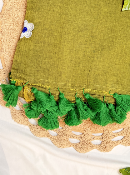 Olive Green Mul Cotton Saree with Floral Embroidery & Tassels