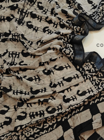 Beige & Black Cotton Linen Saree with Tribal Animal Motifs