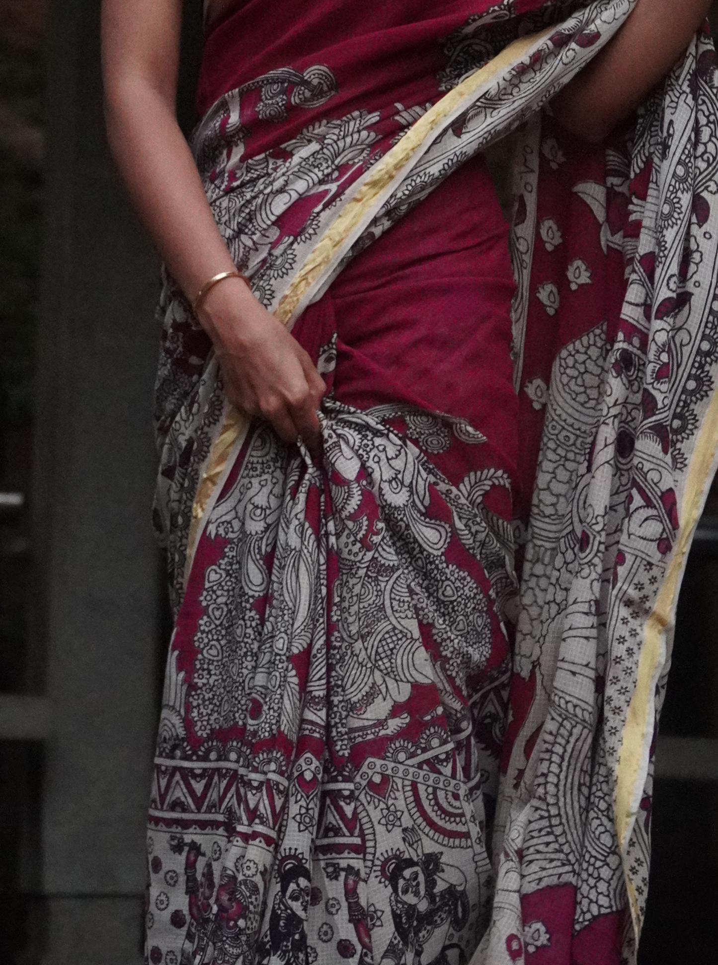 Grey Kota cotton Kalamkari Saree with Floral Art