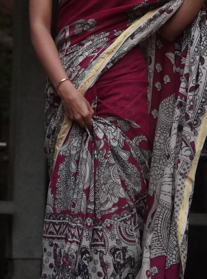 Grey Kota cotton Kalamkari Saree with Floral Art