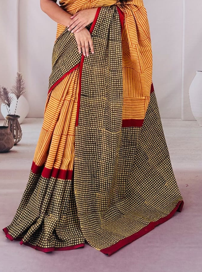 Mustard & Black Cotton Jaipur Bagru Print Saree