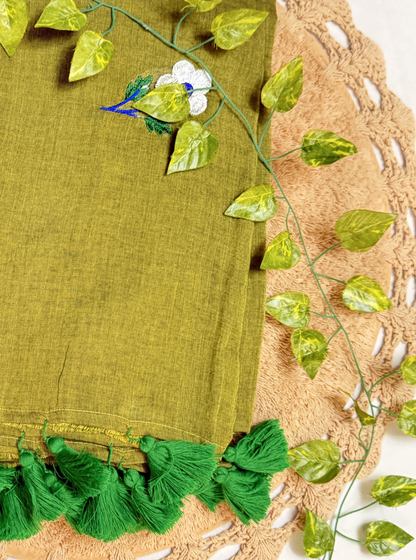 Olive Green Mul Cotton Saree with Floral Embroidery & Tassels