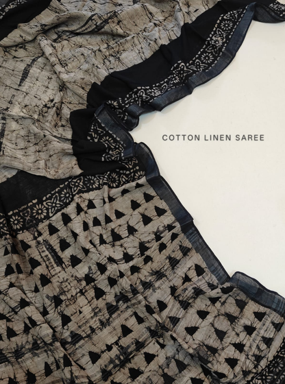 Beige & Black Cotton Linen Saree with Abstract & Triangle Motifs