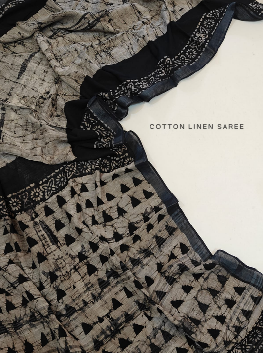 Beige & Black Cotton Linen Saree with Abstract & Triangle Motifs