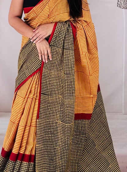 Mustard & Black Cotton Jaipur Bagru Print Saree