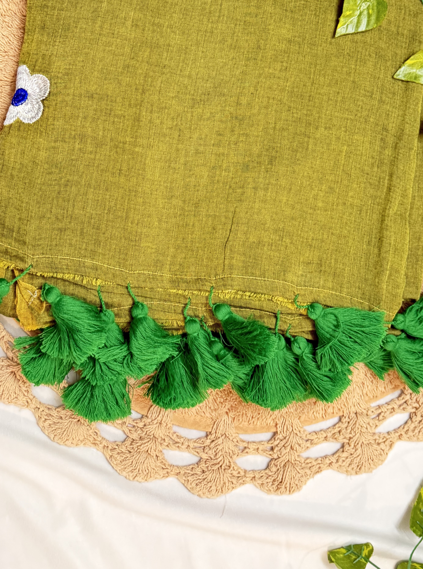 Olive Green Mul Cotton Saree with Floral Embroidery & Tassels