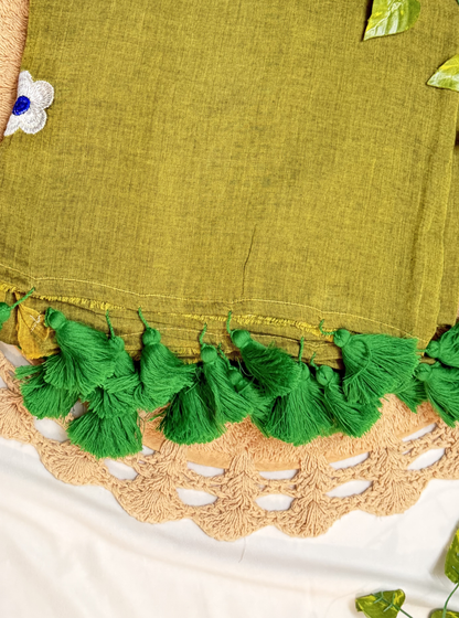 Olive Green Mul Cotton Saree with Floral Embroidery & Tassels