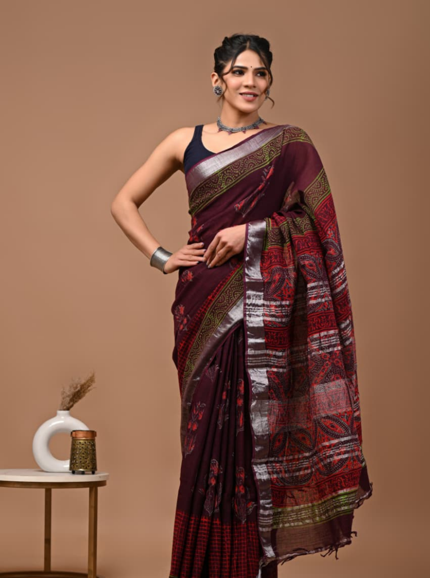 Deep Maroon Linen Cotton Saree with Traditional Ethnic Weave