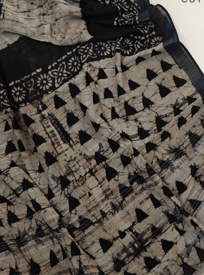 Beige & Black Cotton Linen Saree with Abstract & Triangle Motifs