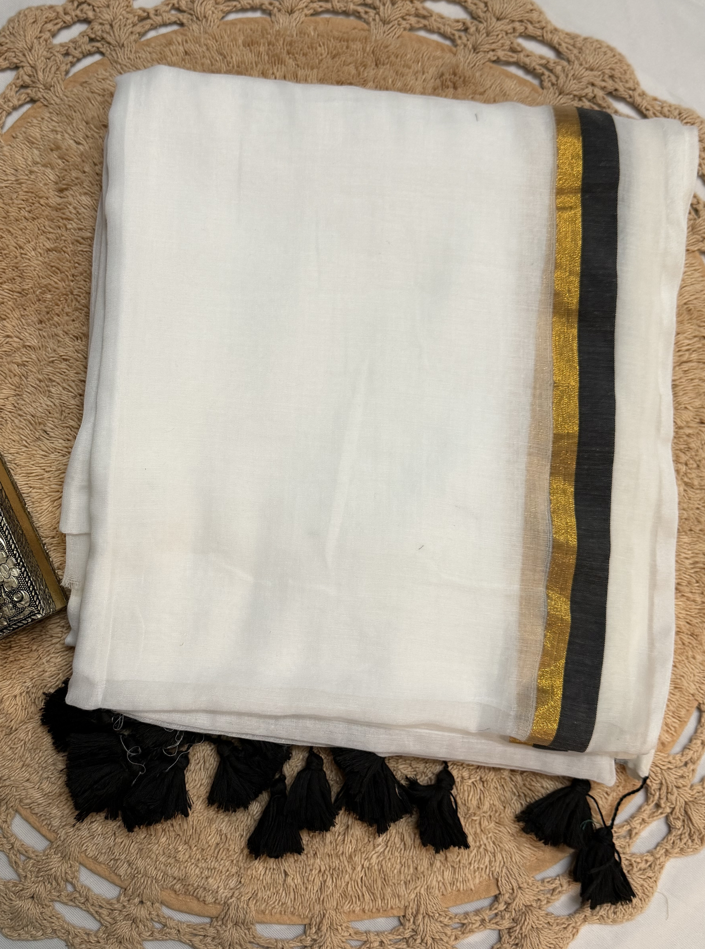 Ivory White Mul Cotton Saree with Black & Gold Border