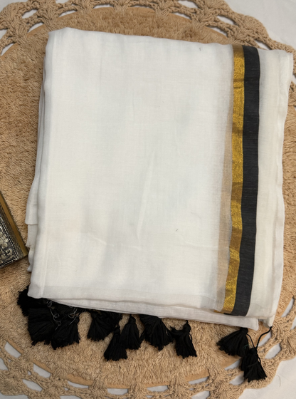 Ivory White Mul Cotton Saree with Black & Gold Border