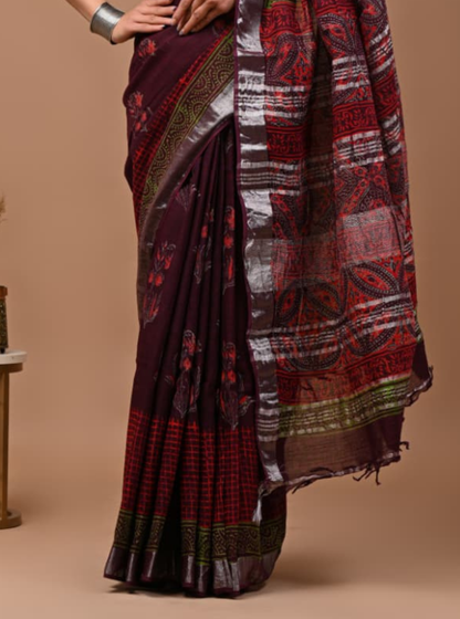 Deep Maroon Linen Cotton Saree with Traditional Ethnic Weave