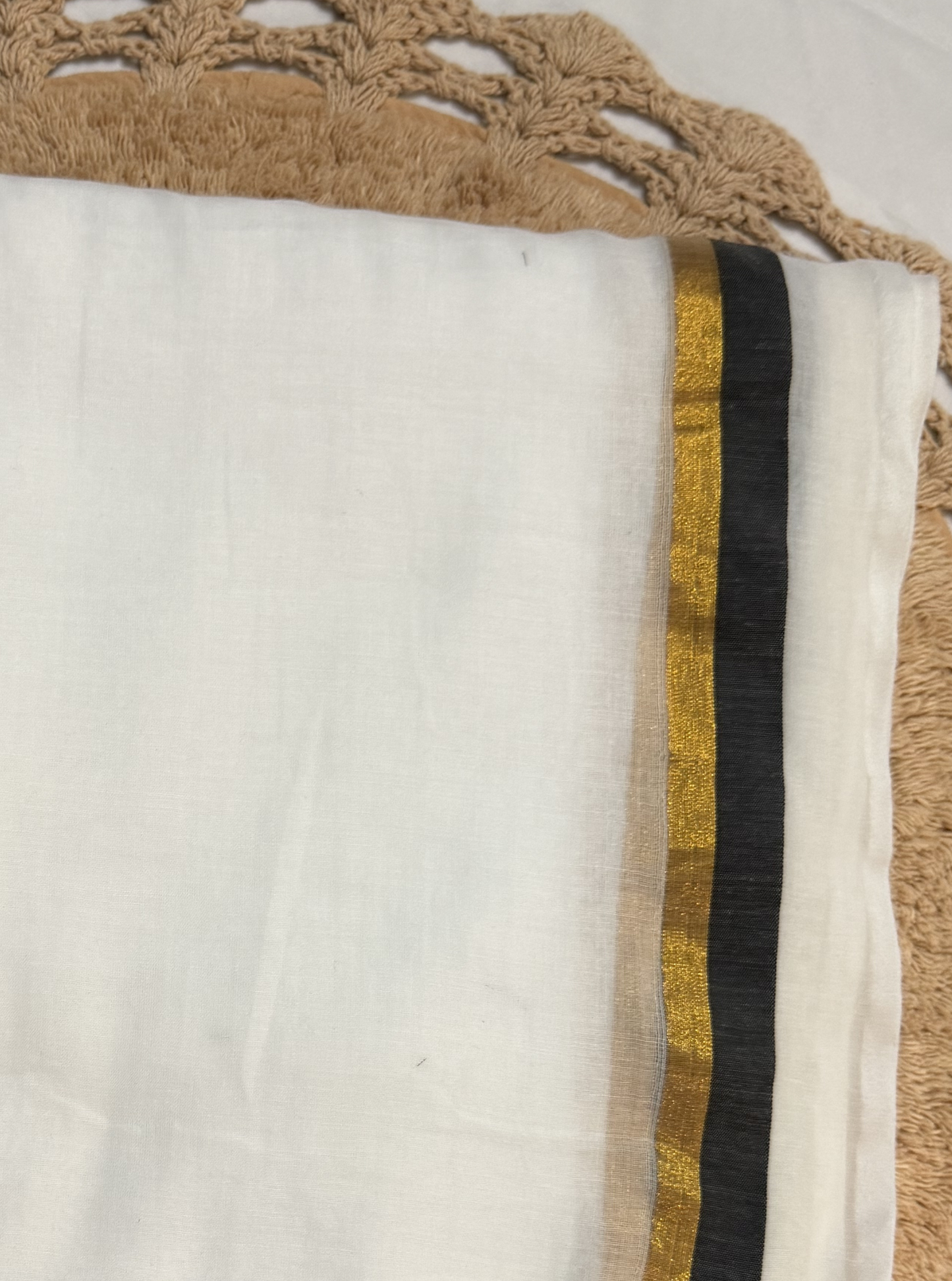 Ivory White Mul Cotton Saree with Black & Gold Border