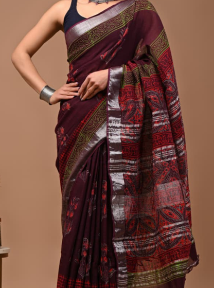 Deep Maroon Linen Cotton Saree with Traditional Ethnic Weave