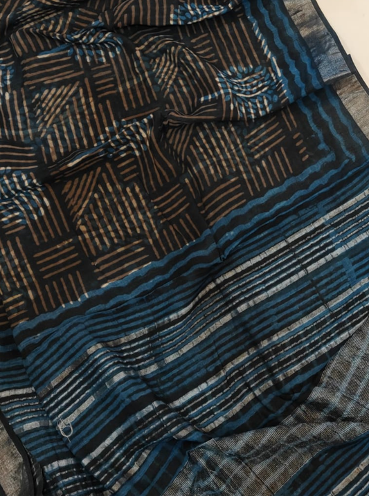 Black & Teal Cotton Linen Saree with Geometric Stripes