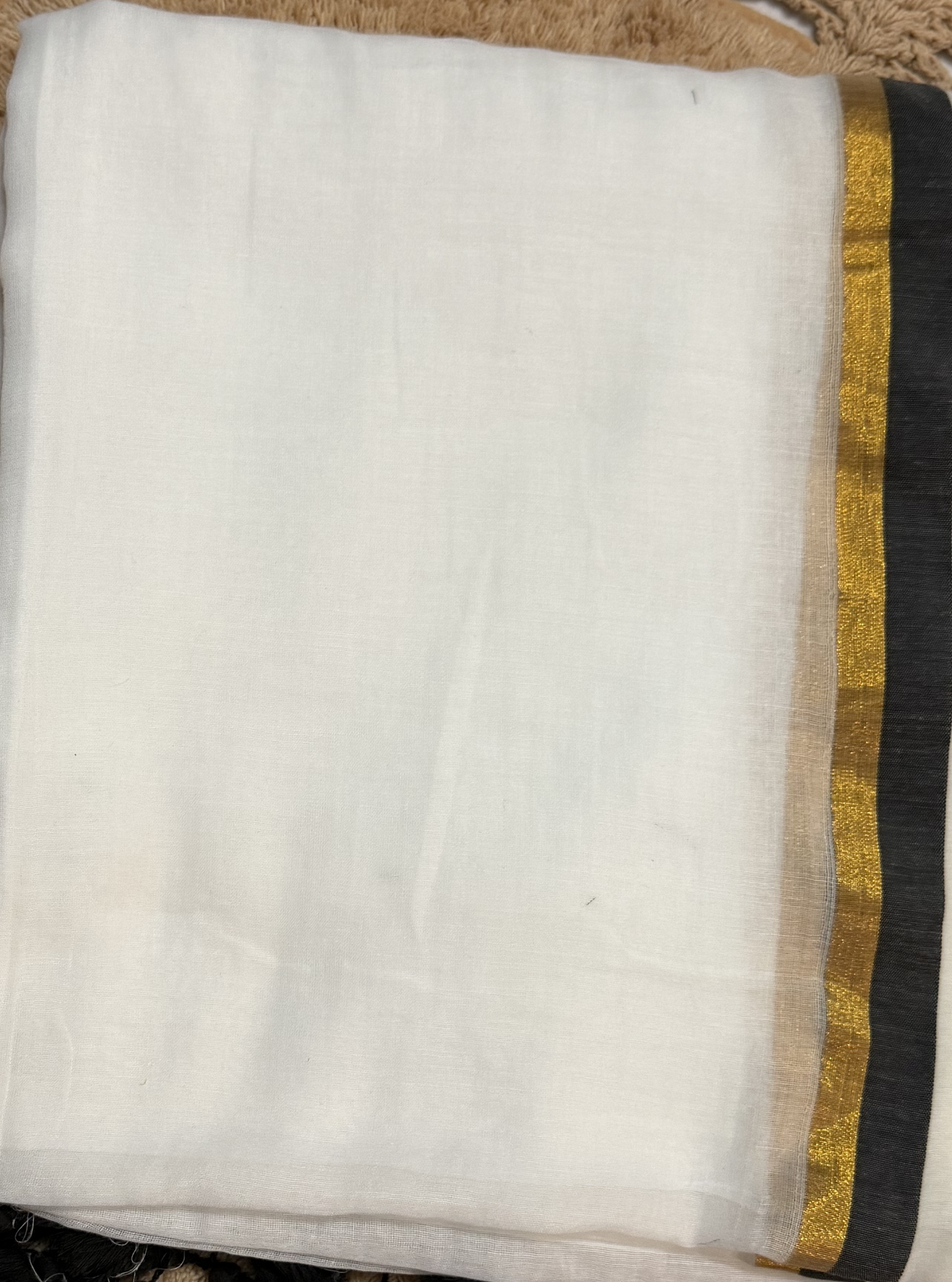 Ivory White Mul Cotton Saree with Black & Gold Border