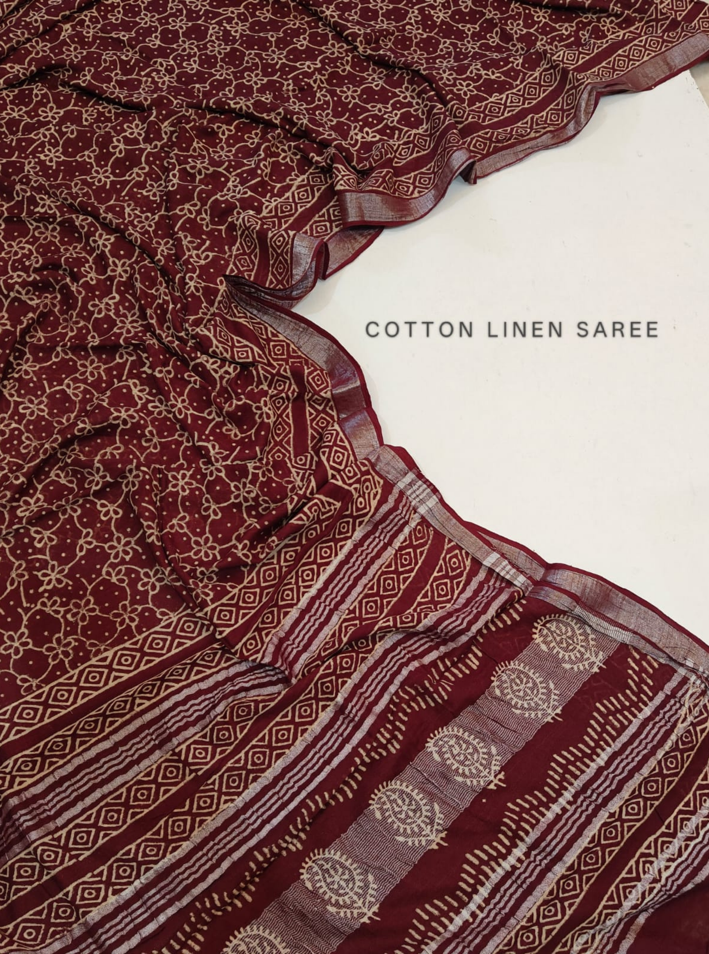 Maroon Cotton Linen Saree with Floral Buta & Geometric Border