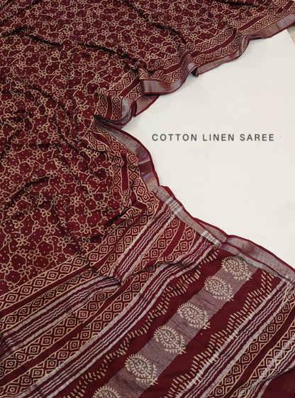 Maroon Cotton Linen Saree with Floral Buta & Geometric Border