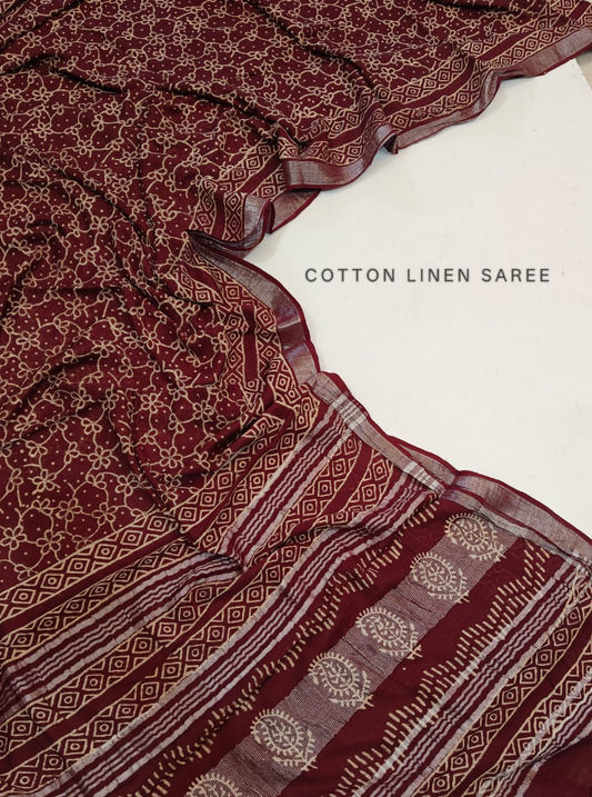 Maroon Cotton Linen Saree with Floral Buta & Geometric Border