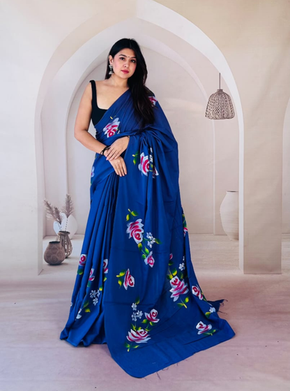 Royal Blue Cotton Jaipur Bagru Print Saree