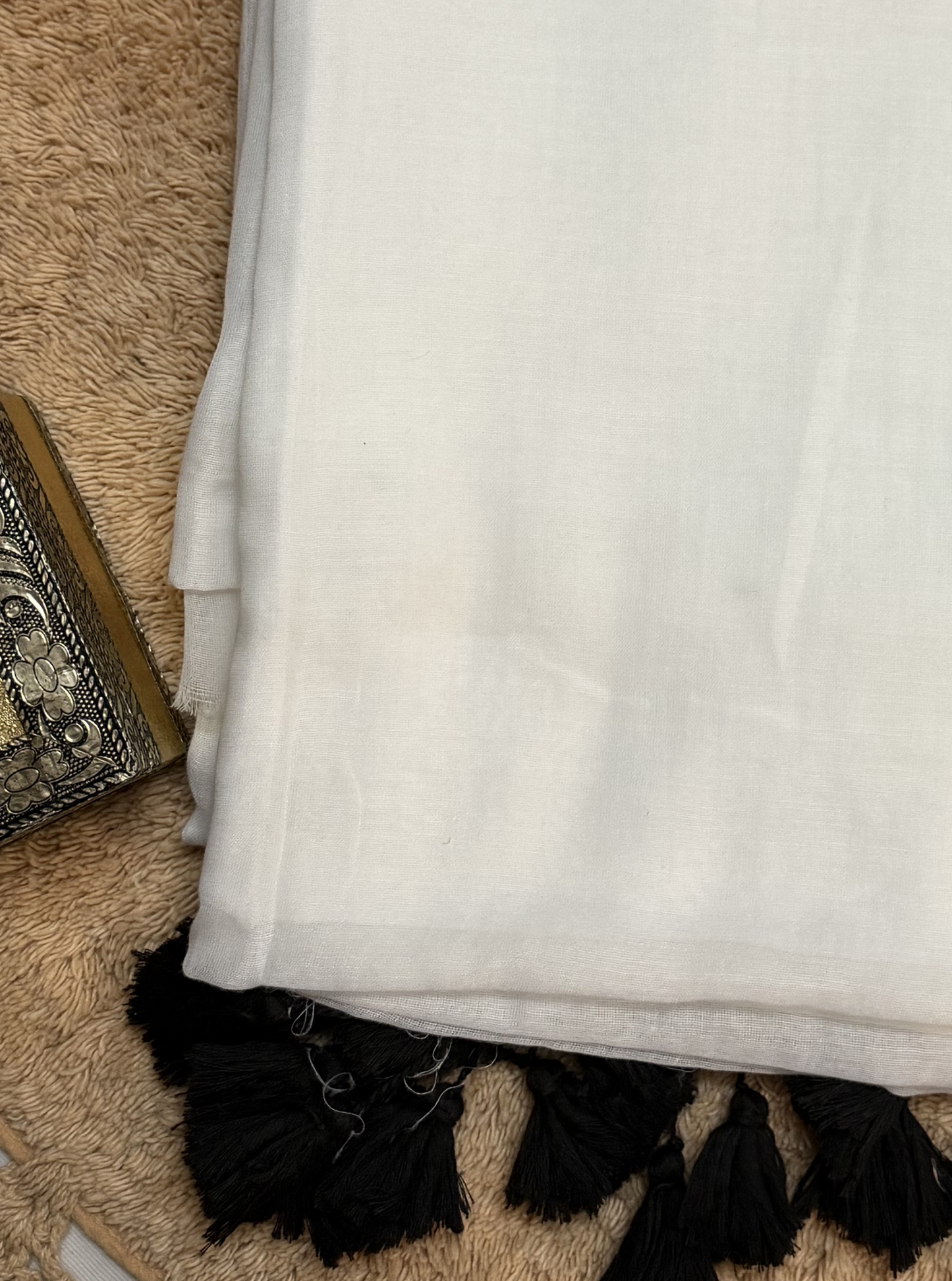 Ivory White Mul Cotton Saree with Black & Gold Border