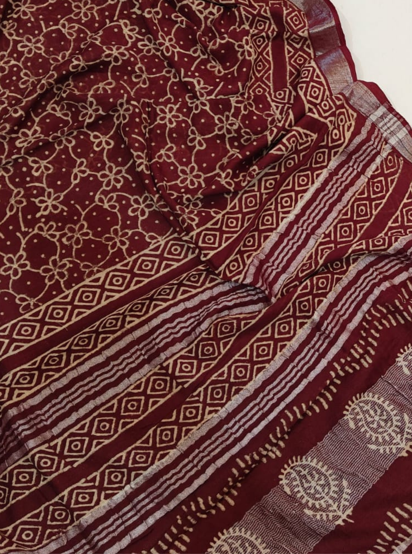 Maroon Cotton Linen Saree with Floral Buta & Geometric Border