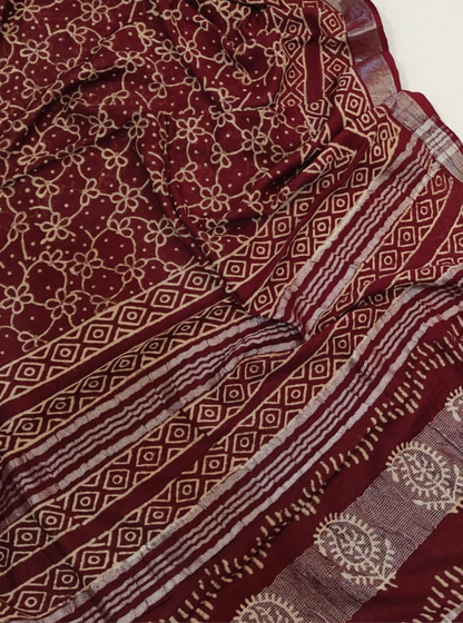Maroon Cotton Linen Saree with Floral Buta & Geometric Border