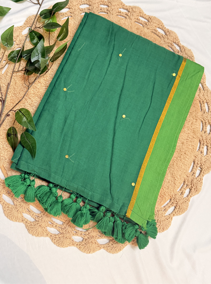 Emerald Green Mul Cotton Saree with Gold Border & Tassels