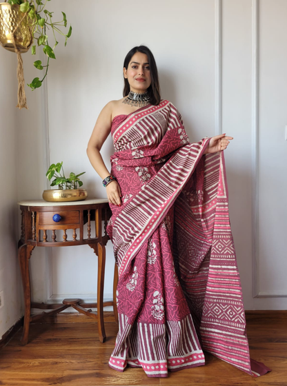 Rust Pink Bagru Print Cotton Saree with Stripes & Tribal Borders