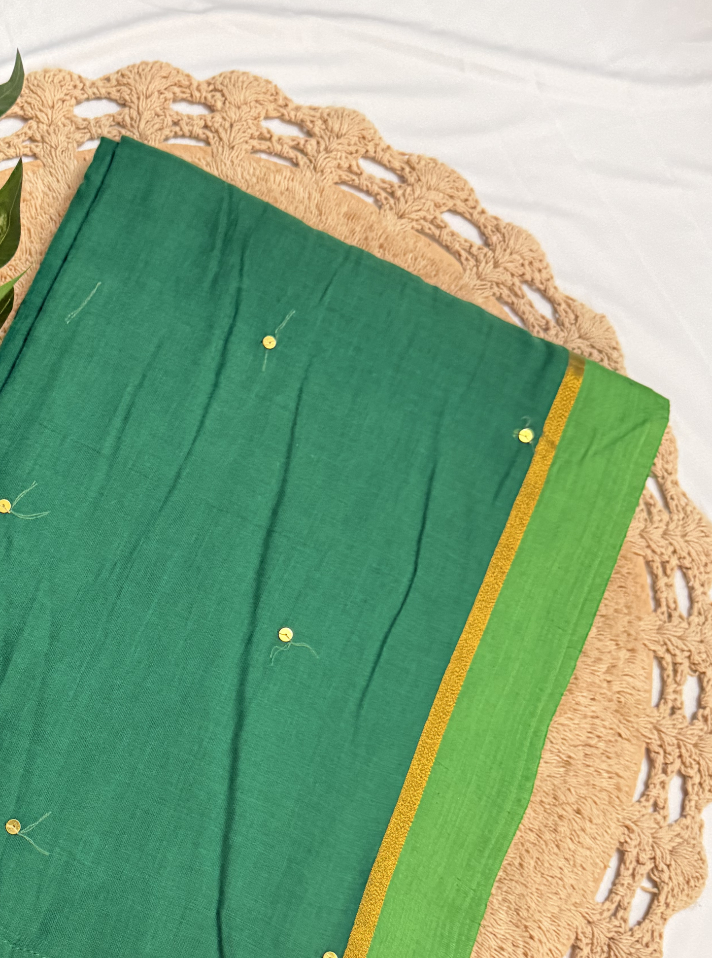 Emerald Green Mul Cotton Saree with Gold Border & Tassels