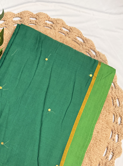 Emerald Green Mul Cotton Saree with Gold Border & Tassels