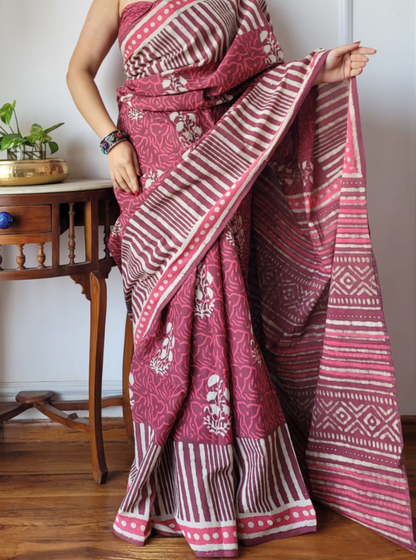 Rust Pink Bagru Print Cotton Saree with Stripes & Tribal Borders